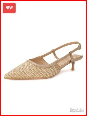 Woven Pointed Toe Kitten Heel Pumps Slingback Adjustable Strap